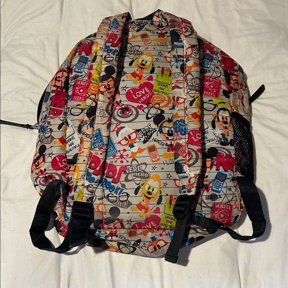 Disney Multicolor Cartoon Nerds Print Backpack with Yellow Plush Accent